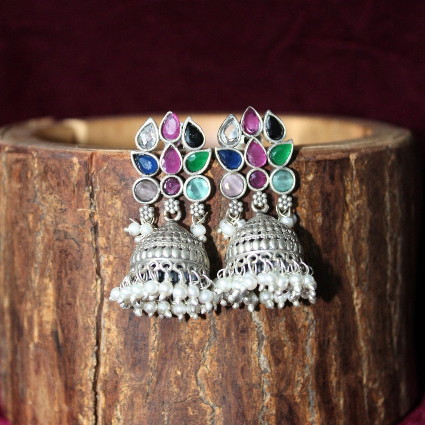Multicolor Stone Handcrafted Oxidised Silver Jhumka Earringss