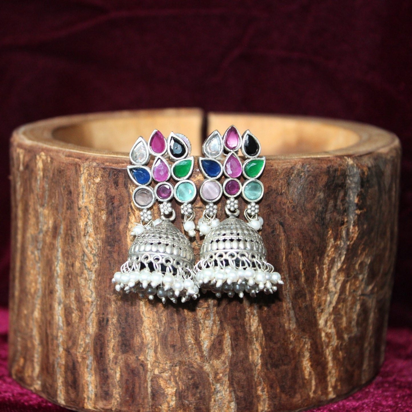 Multicolor Stone Handcrafted Oxidised Silver Jhumka Earringss