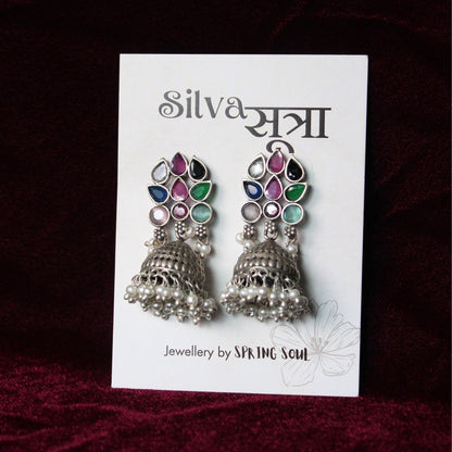 Multicolor Stone Handcrafted Oxidised Silver Jhumka Earringss