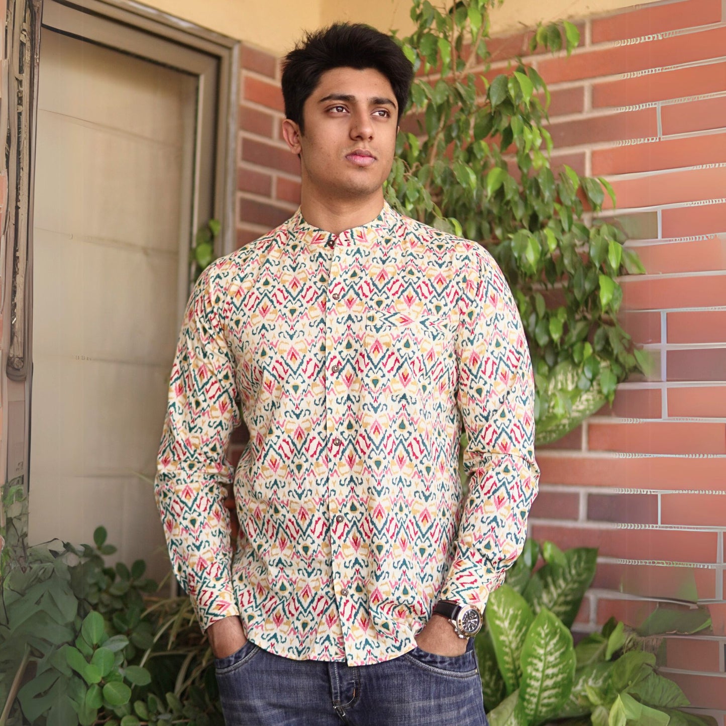 Multicolor Ikkat Printed Full-Sleeves Cotton Shirt