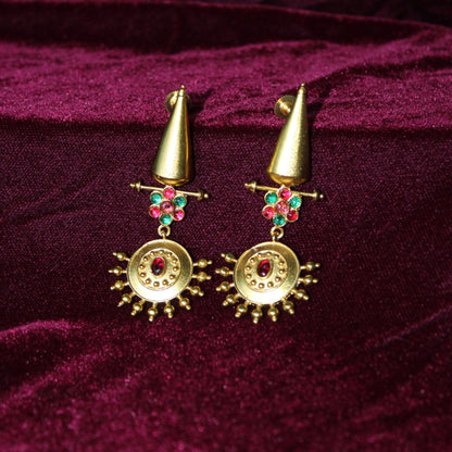 Gold Tone Matte Finish Brass Stone Earrings