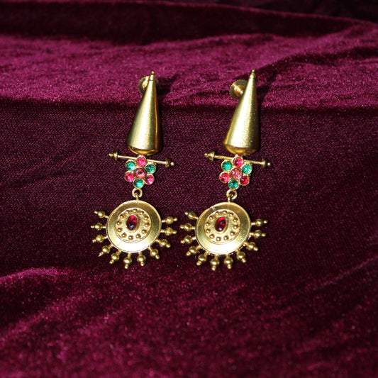 Gold Tone Matte Finish Brass Stone Earrings