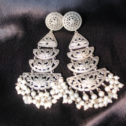Oxidised Silver Handcrafted Brass Pearl Earrings