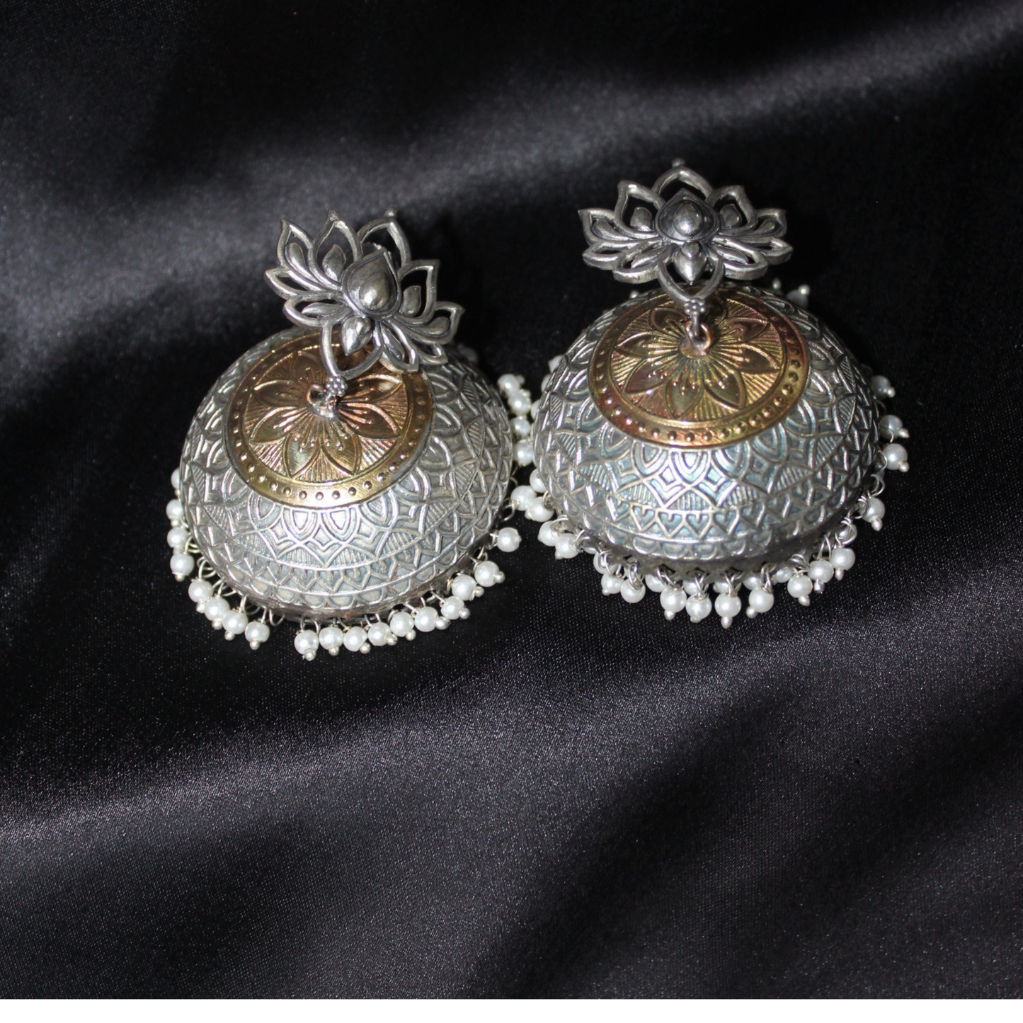 Silver-Gold Oxidised Metal Jhumka Earrings