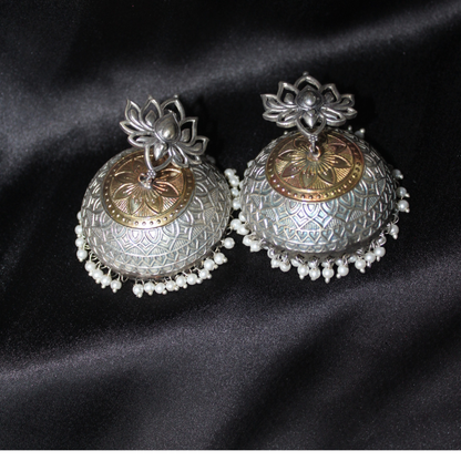 Silver-Gold Oxidised Metal Jhumka Earrings