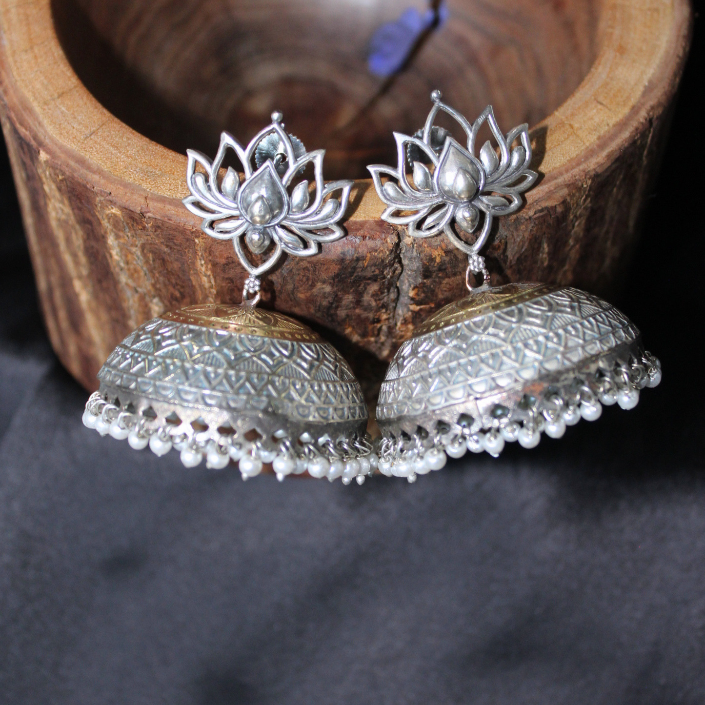 Silver-Gold Oxidised Metal Jhumka Earrings