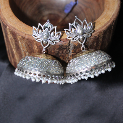 Silver-Gold Oxidised Metal Jhumka Earrings