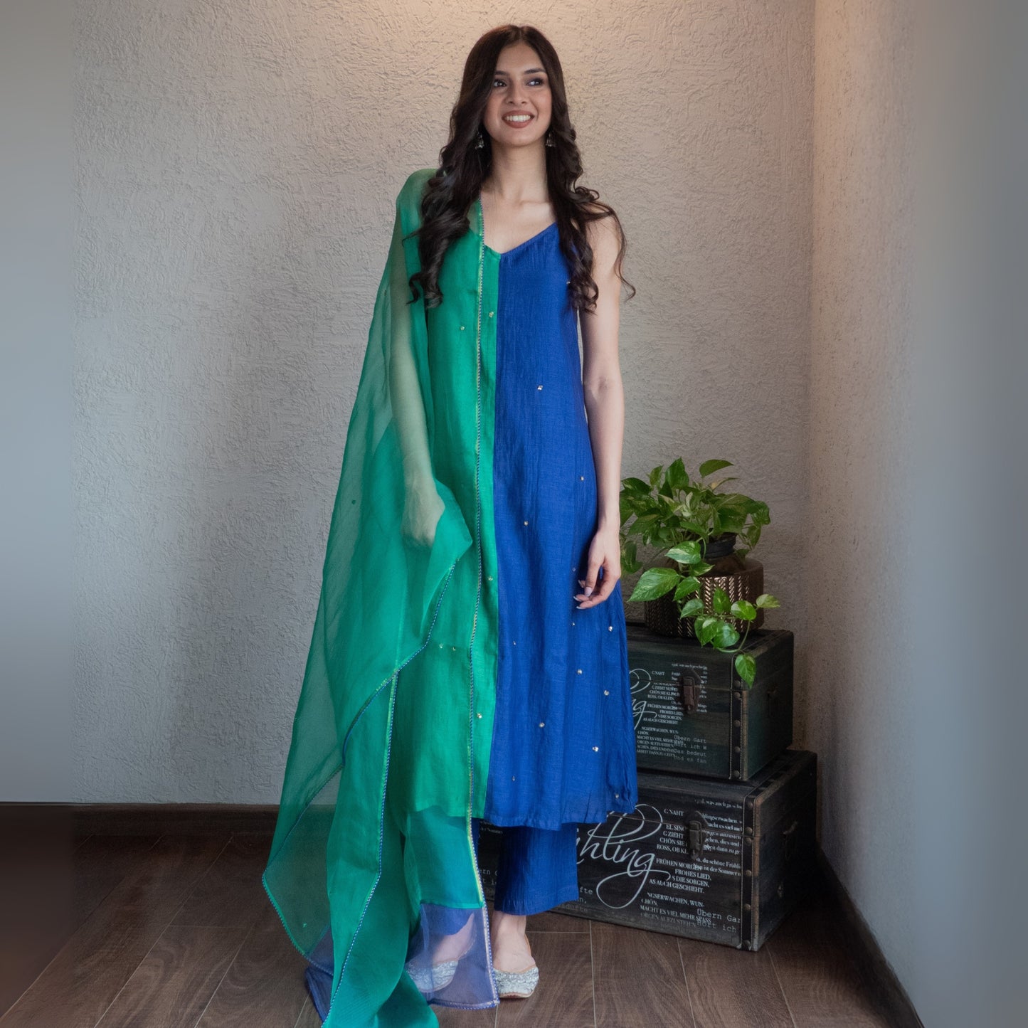 Green & Blue colourblock Chanderi Suit Set with dupatta