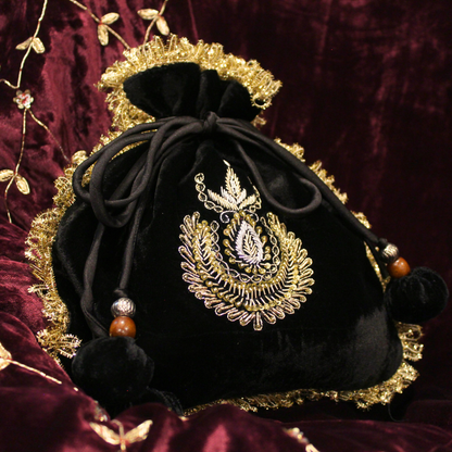 Black velvet hand embroidered Potli bag