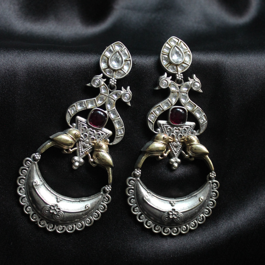 Silver & Gold Tone Kundan Stone Brass Earrings