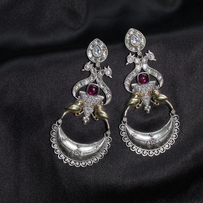 Silver & Gold Tone Kundan Stone Brass Earrings
