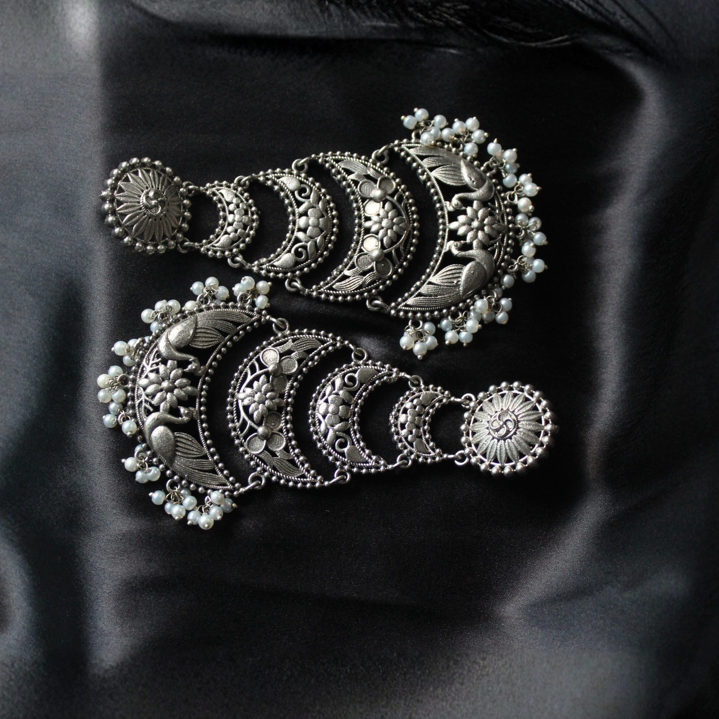 Oxidised Silver Handcrafted Brass Pearl Earrings