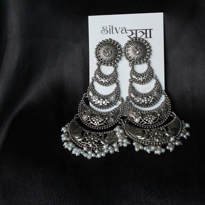Oxidised Silver Handcrafted Brass Pearl Earrings