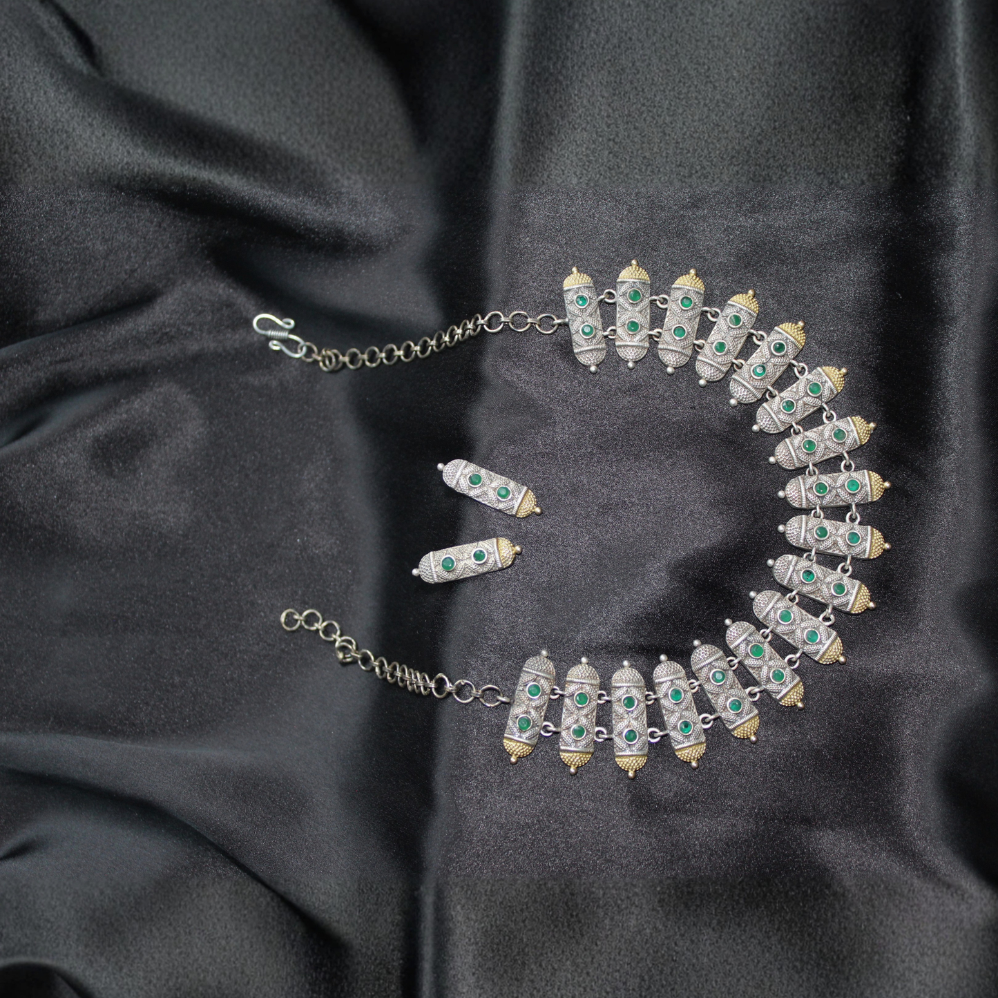 Green Dual Tone Stone Brass Choker Necklace Set