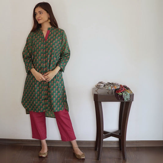 Green Buta Printed Kurta with Kantha Pants