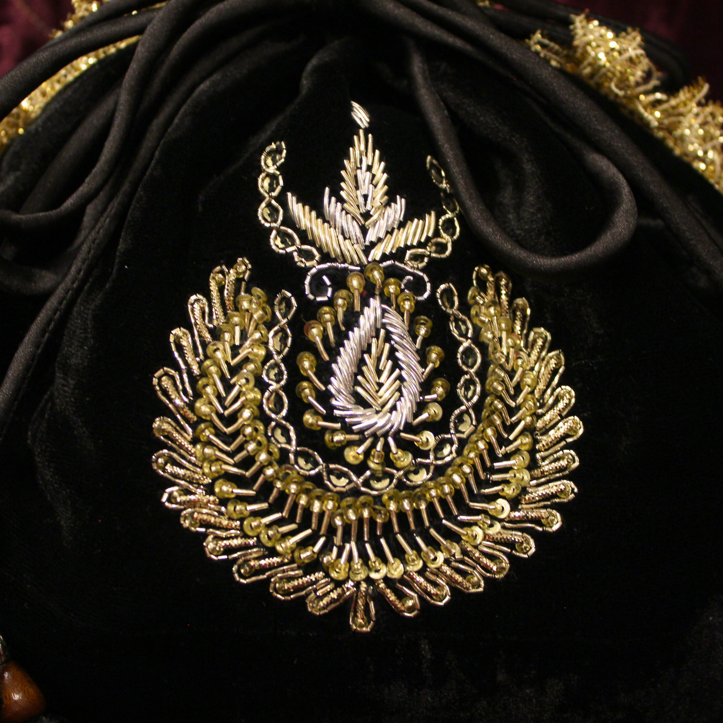 Black velvet hand embroidered Potli bag