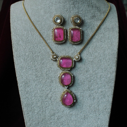 Pink Stone Gold Tone Brass Pendant Necklace Set