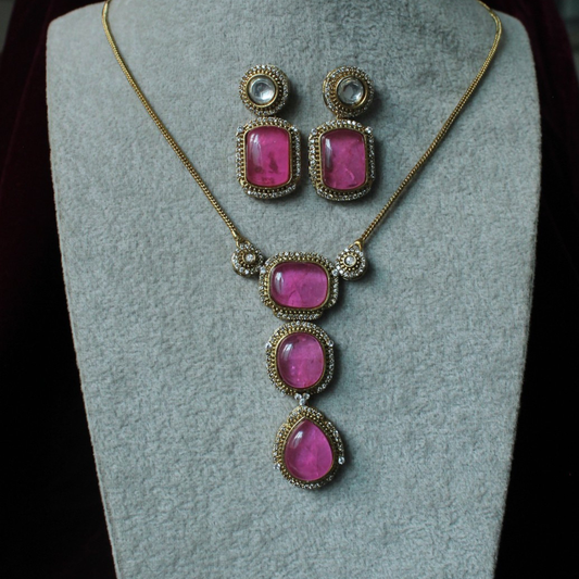Pink Stone Gold Tone Brass Pendant Necklace Set