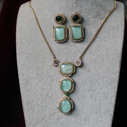 Mint Green Stone Gold Tone Brass Pendant Necklace Set