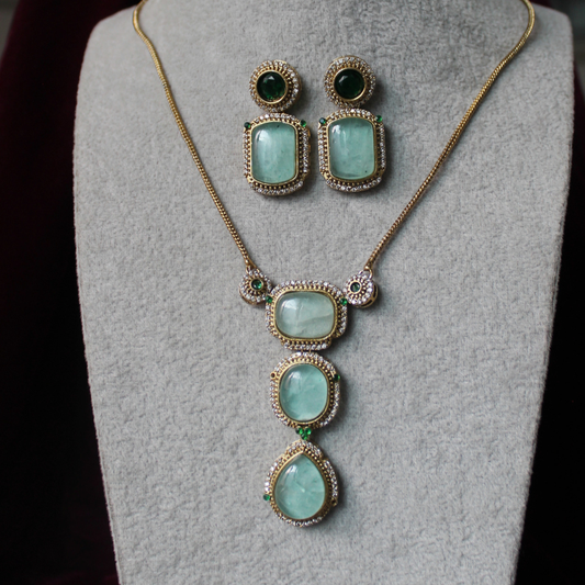 Mint Green Stone Gold Tone Brass Pendant Necklace Set