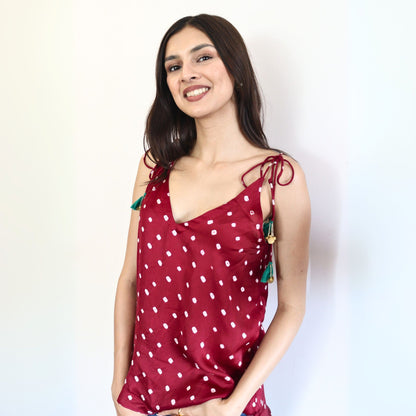 Bandhani Tie-Up Top in Wine