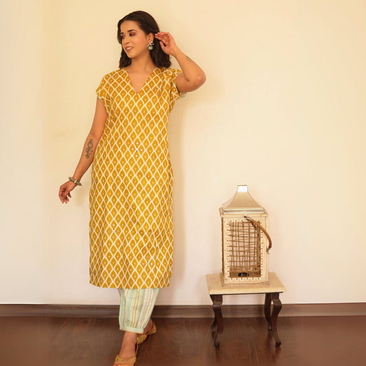 Mustard Ikat printed Kurta