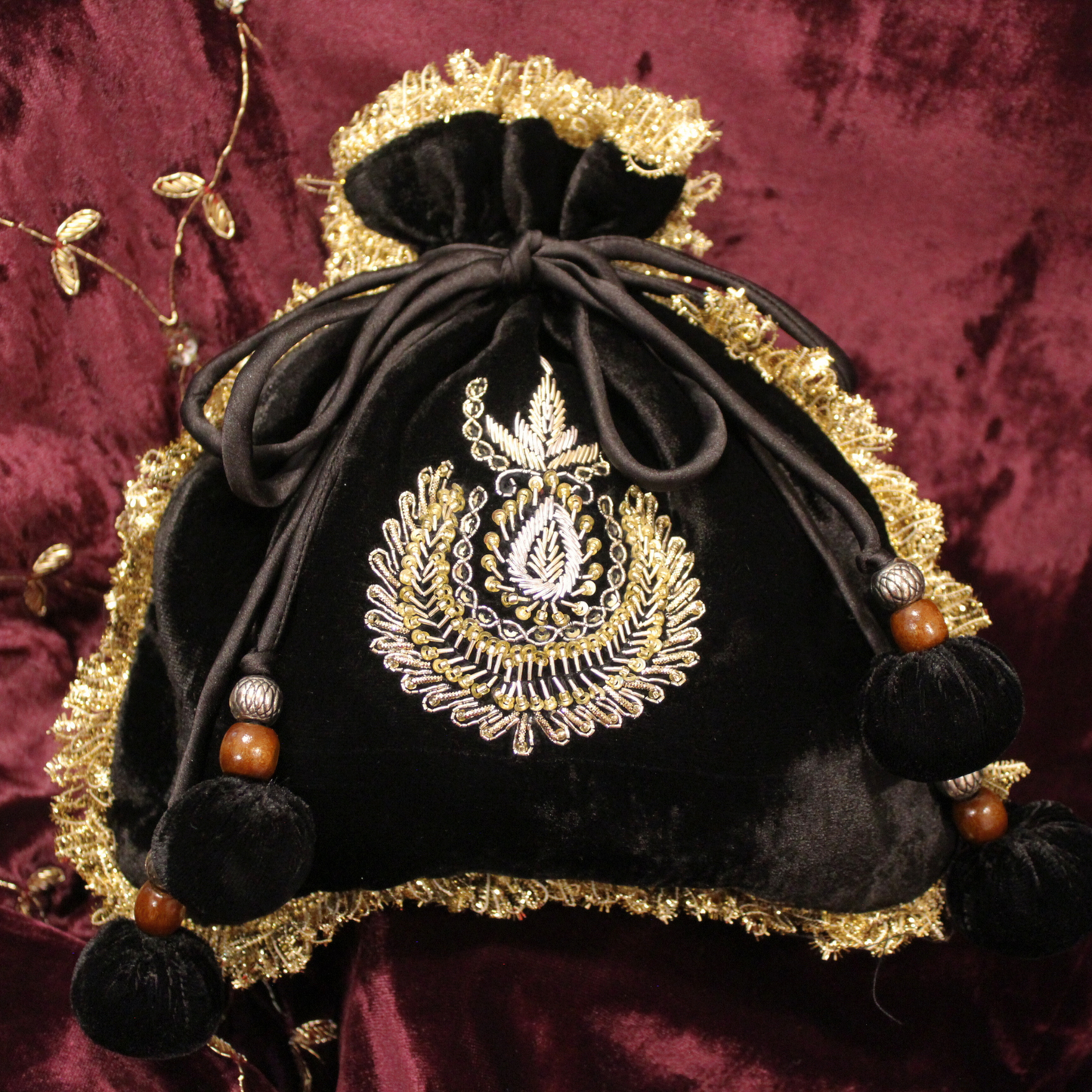Black velvet hand embroidered Potli bag