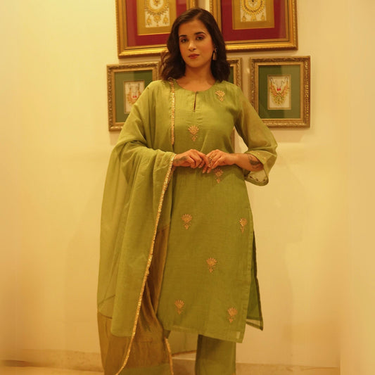 Green Chanderi embroidered Suit Set with dupatta