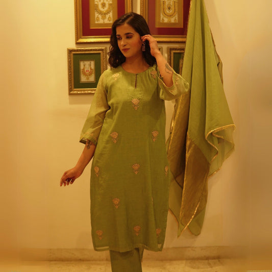 Green Chanderi embroidered Suit Set