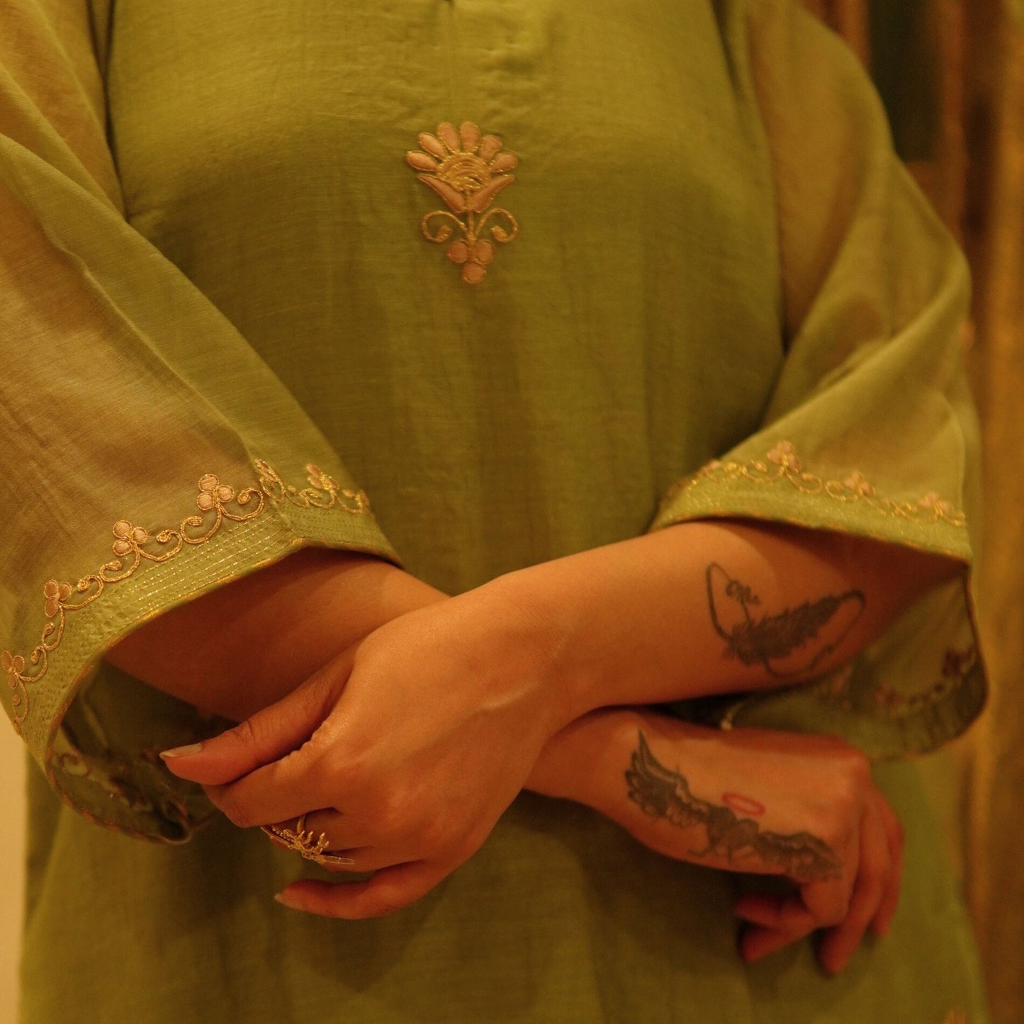 Green Chanderi embroidered Suit Set with dupatta