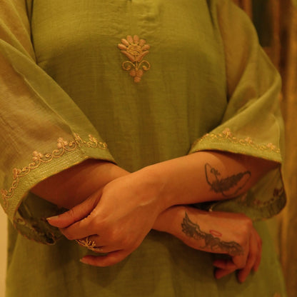 Green Chanderi embroidered Suit Set with dupatta