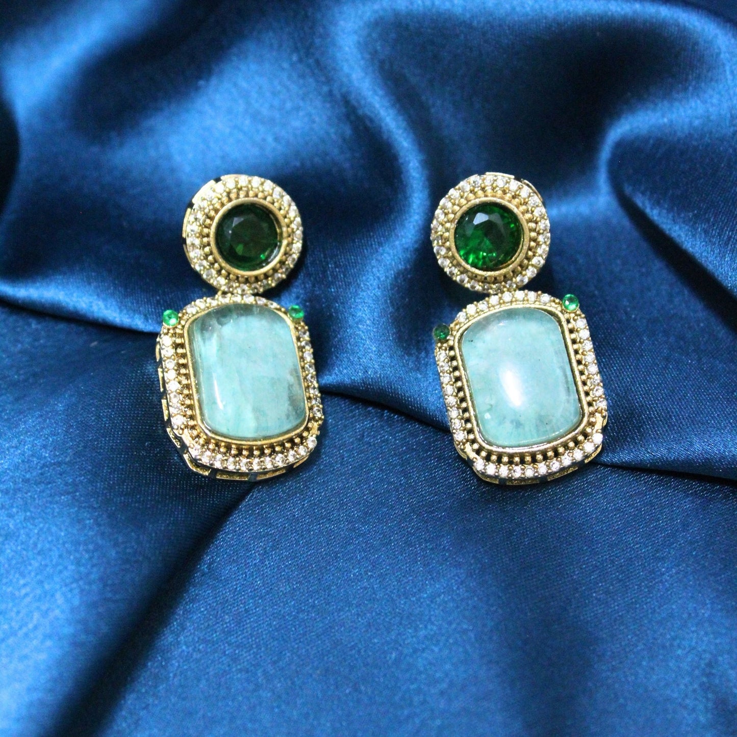 Green Stone Gold-Plated Statement Earrings
