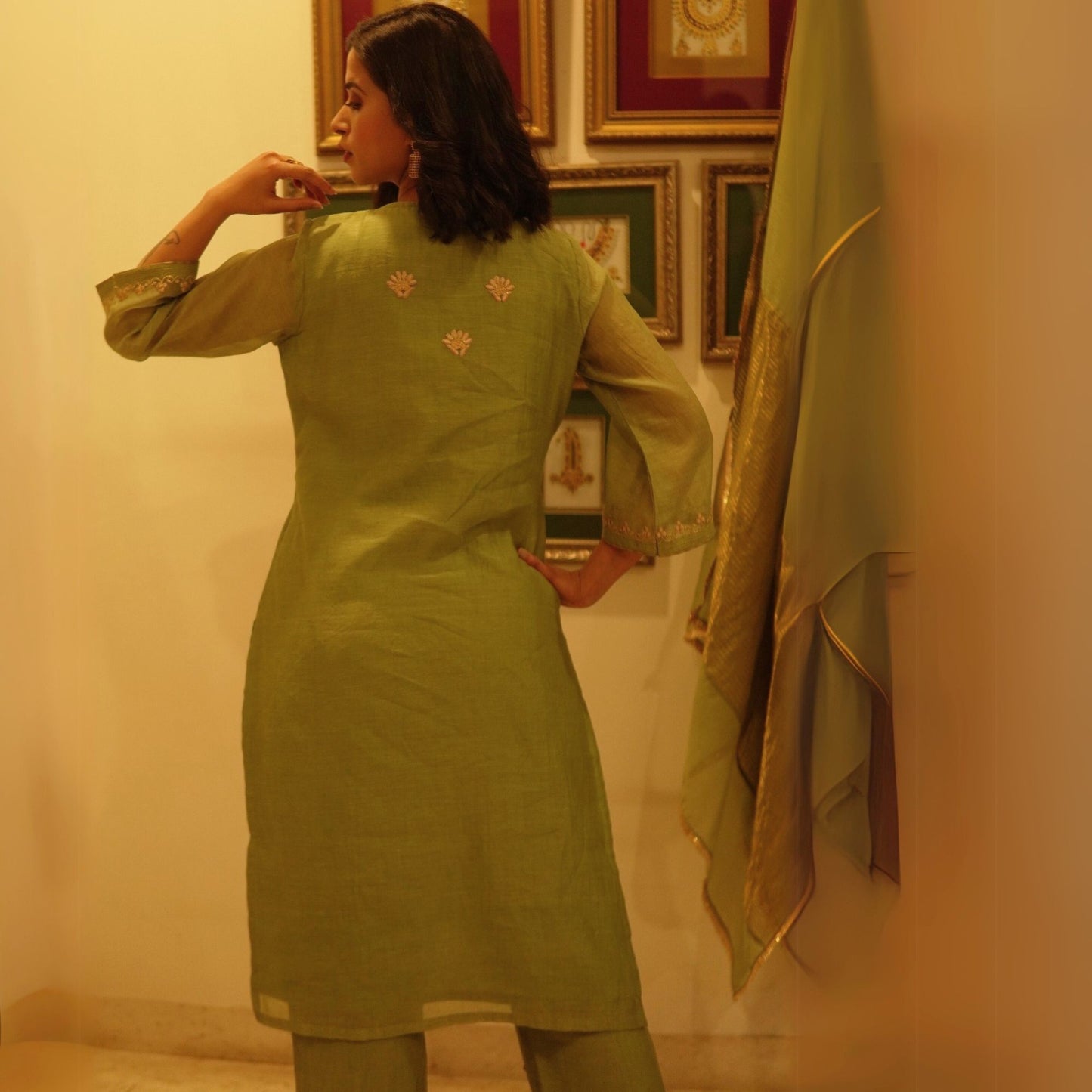 Green Chanderi embroidered Suit Set with dupatta