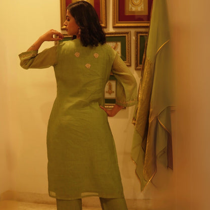 Green Chanderi embroidered Suit Set with dupatta
