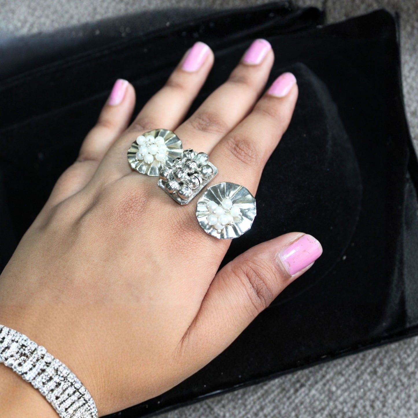 Silver-Tone Pearl Fan Statement Ring