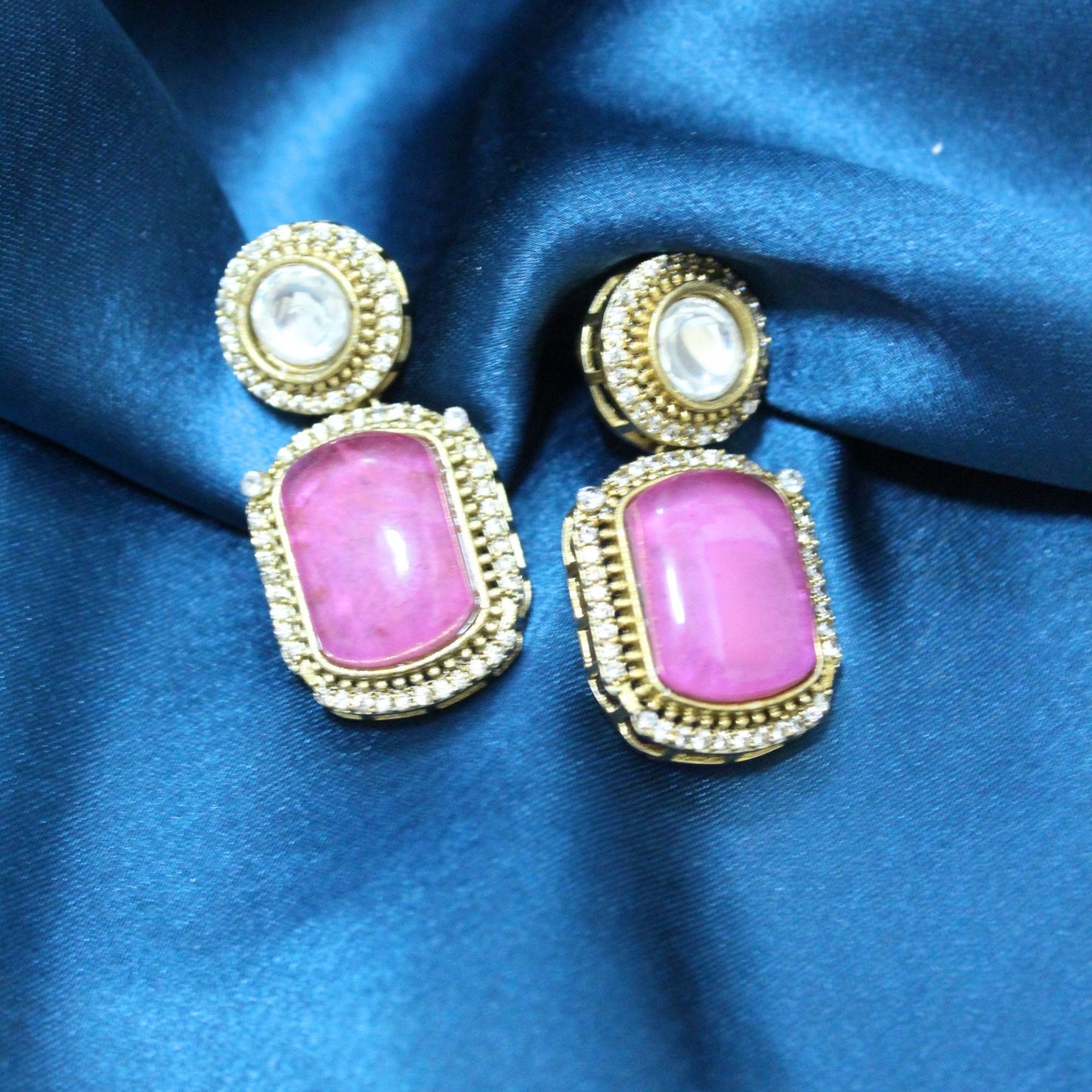 Pink Stone Gold-Plated Statement Earrings
