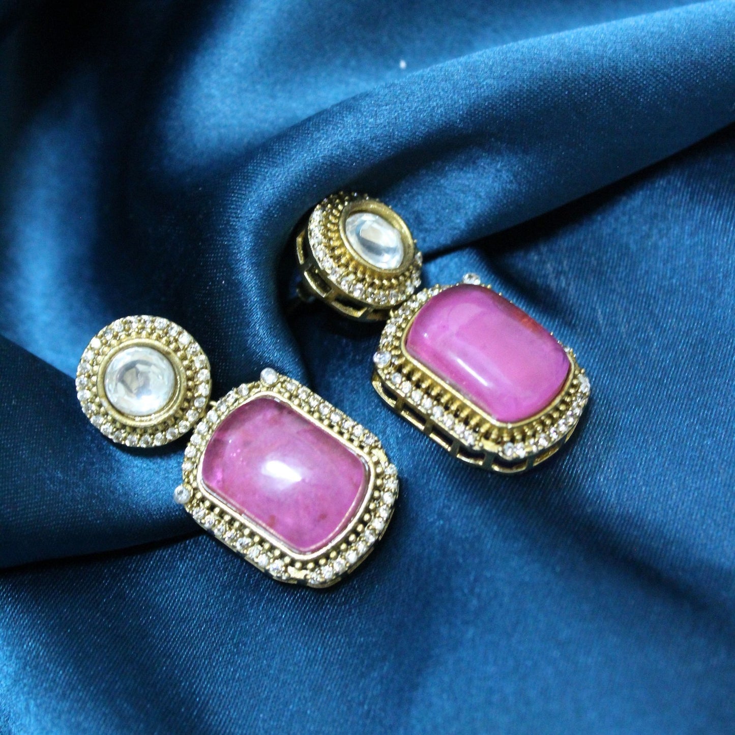 Pink Stone Gold-Plated Statement Earrings