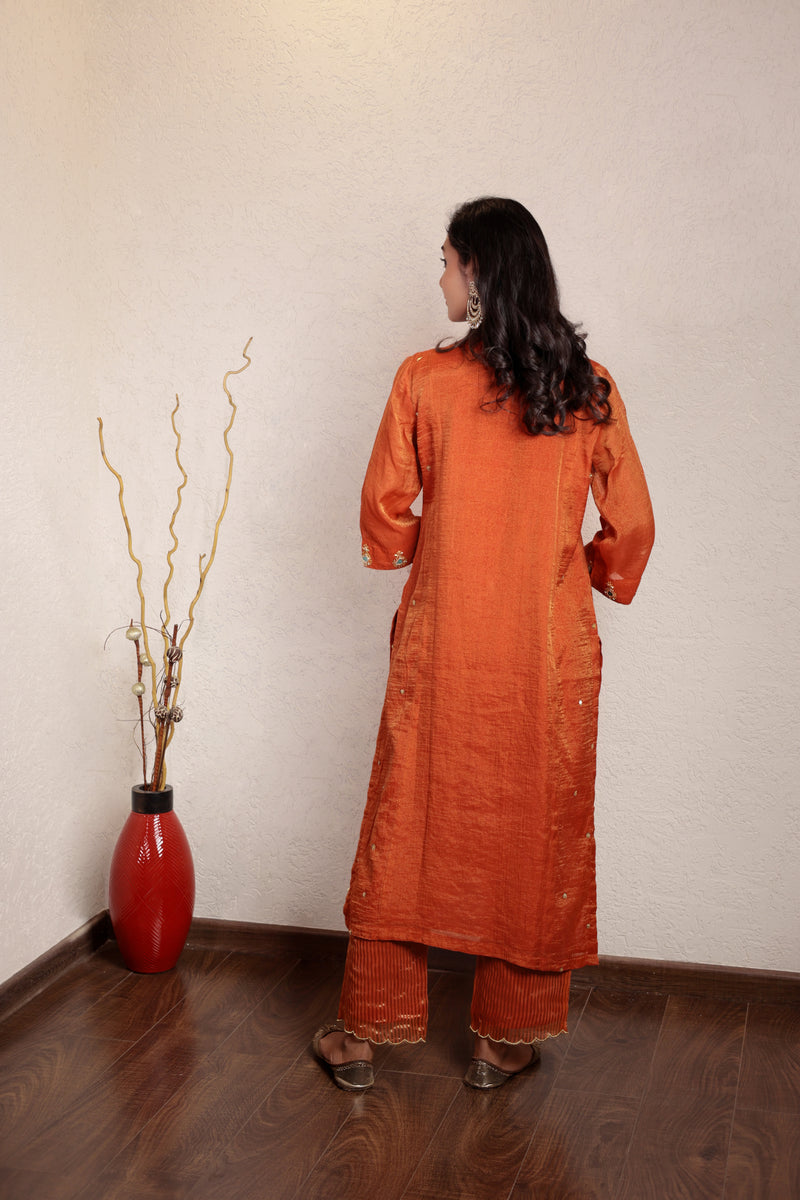 Orange tissue chanderi hand embroidered kurta set