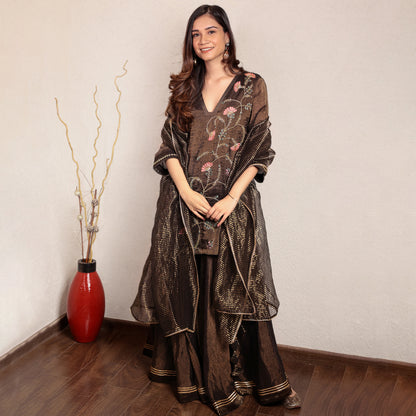 Black hand embroidered V-neck tissue sharara set