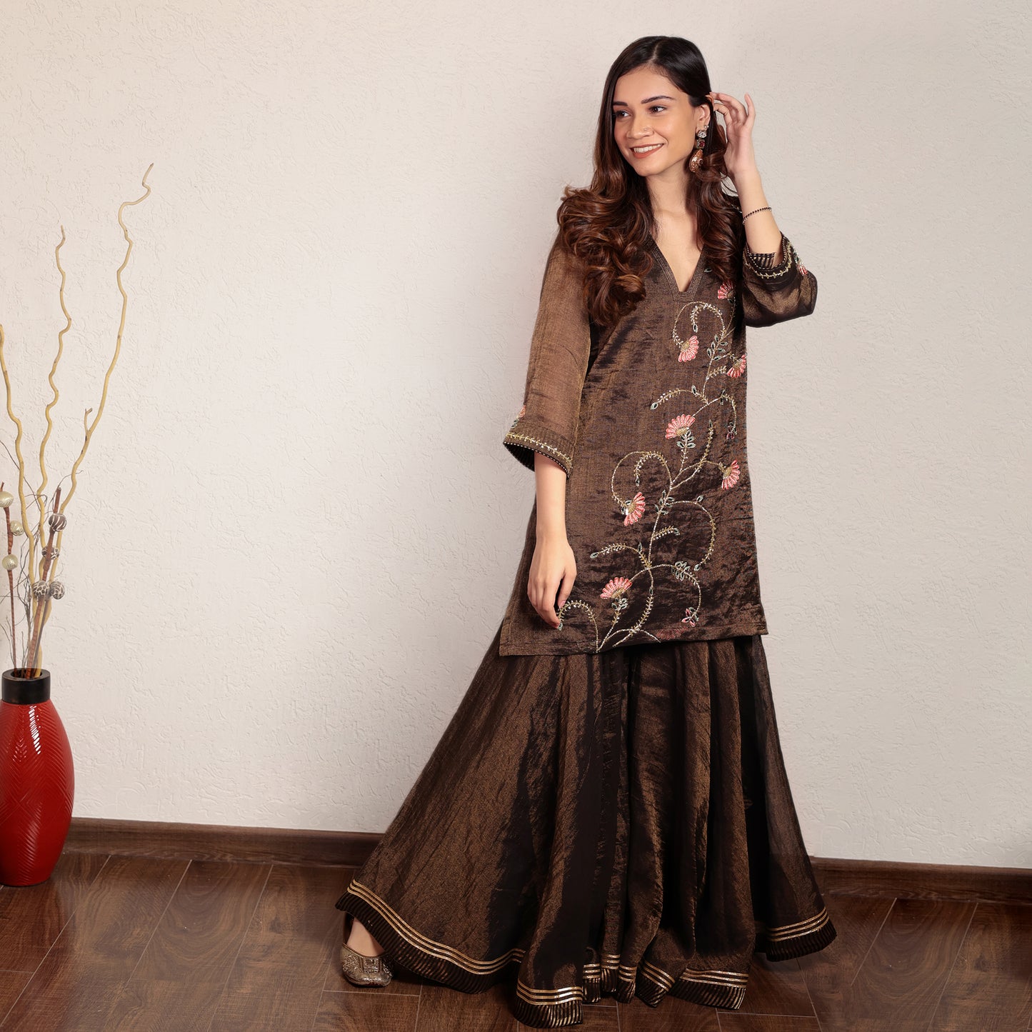Black hand embroidered V-neck tissue sharara set