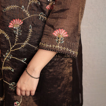 Black hand embroidered V-neck tissue sharara set