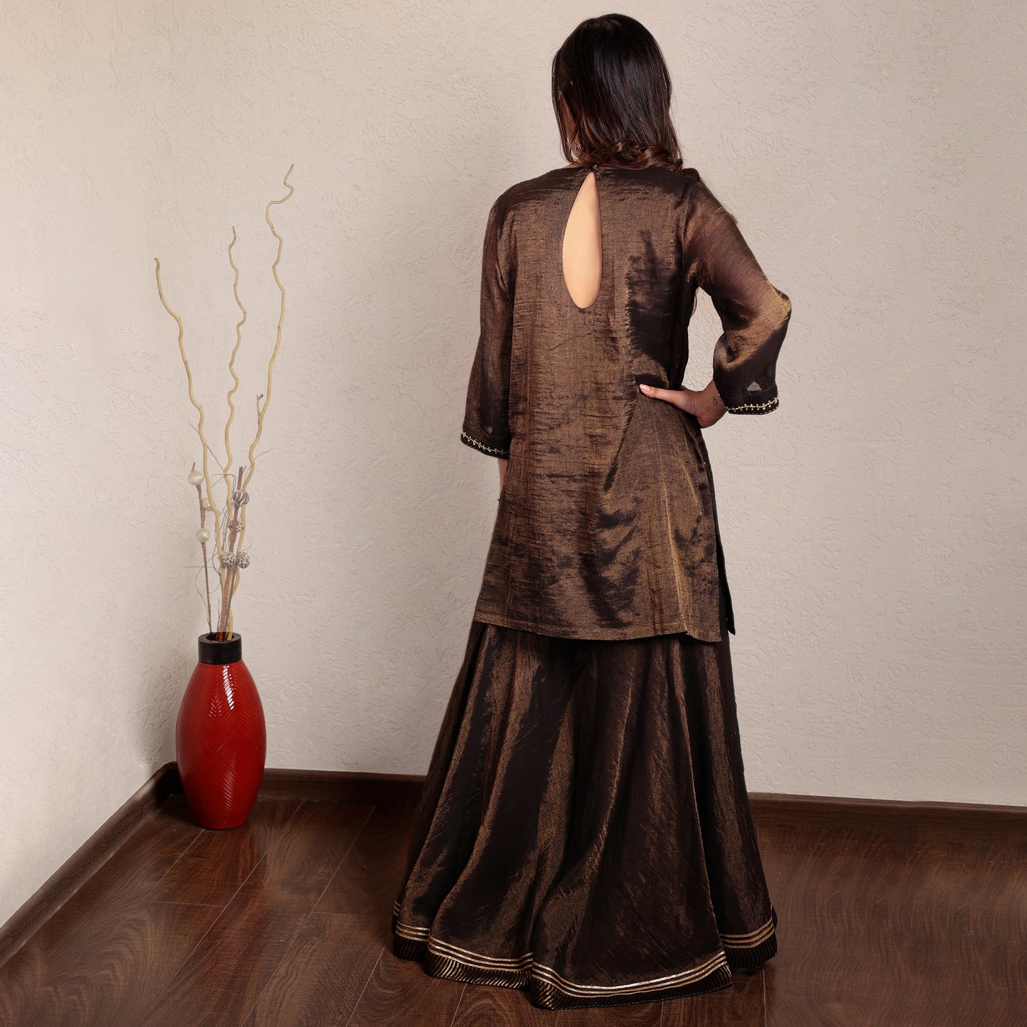 Black hand embroidered V-neck tissue sharara set