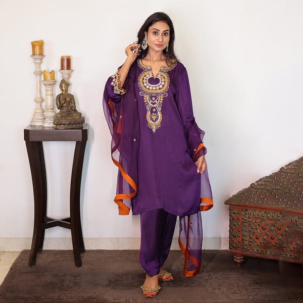 Purple modal silk embroidered kurta set with organza dupatta