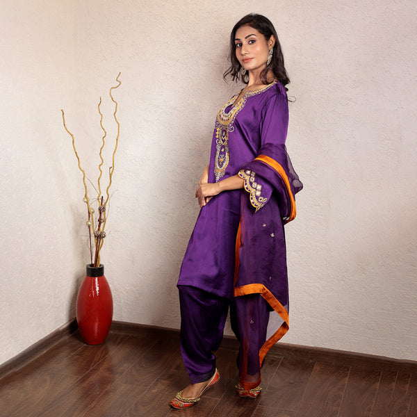 Purple modal silk embroidered kurta set with organza dupatta