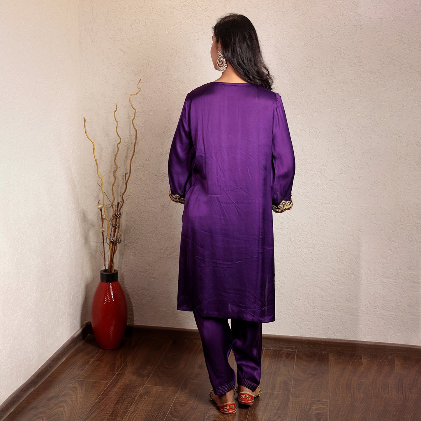 Purple modal silk embroidered kurta set with organza dupatta