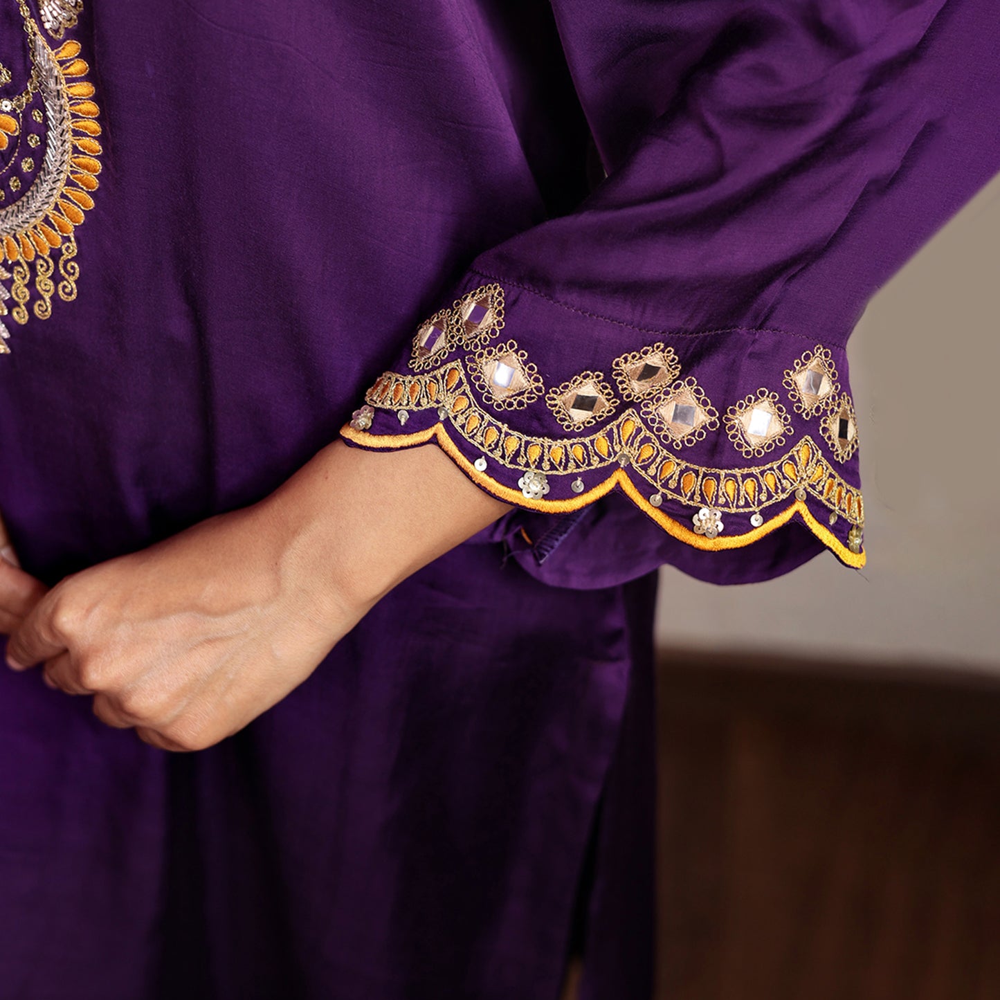Purple modal silk embroidered kurta set with organza dupatta