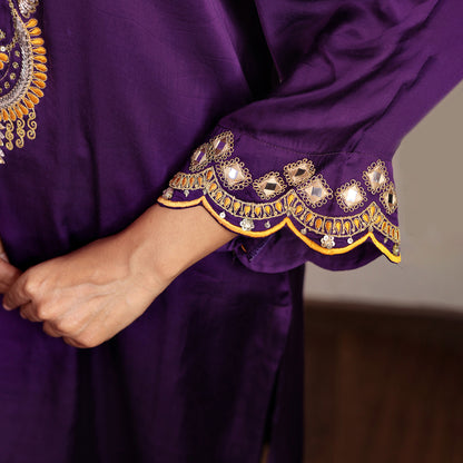 Purple modal silk embroidered kurta set with organza dupatta