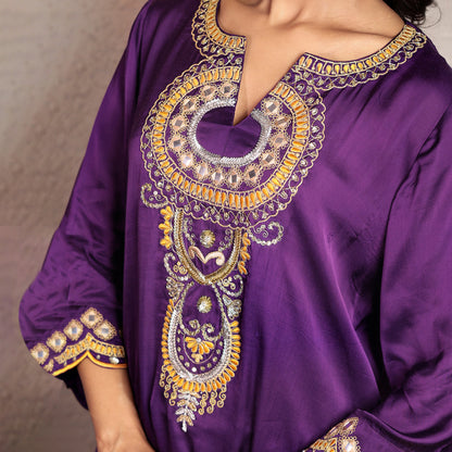 Purple modal silk embroidered kurta set with organza dupatta