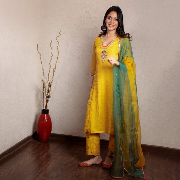 Yellow chanderi hand embroidered V-neck  kurta set with dupatta