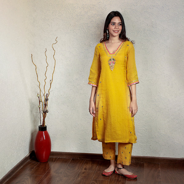 Yellow chanderi hand embroidered V-neck  kurta set with dupatta